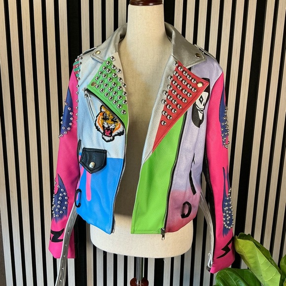 New Women’s AZALEA WANG Peridot Patch Work Moto Studded Jacket Sz M - Picture 2 of 7